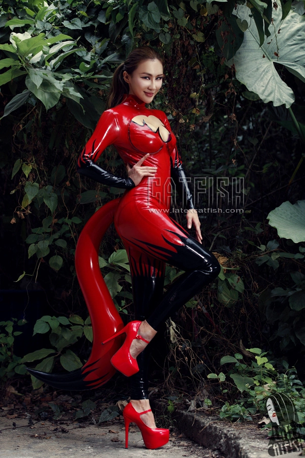 Devil-icious Inflatable Tail Latex Costume Catsuit